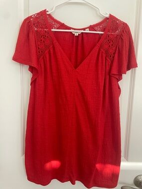 Women's Red V-Neck Crochet Shoulder Top